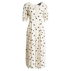 Something Navy Polka Dot V-Neck Midi Dress Chic Elbow Sleeve Feminine Vibe Sz 1
